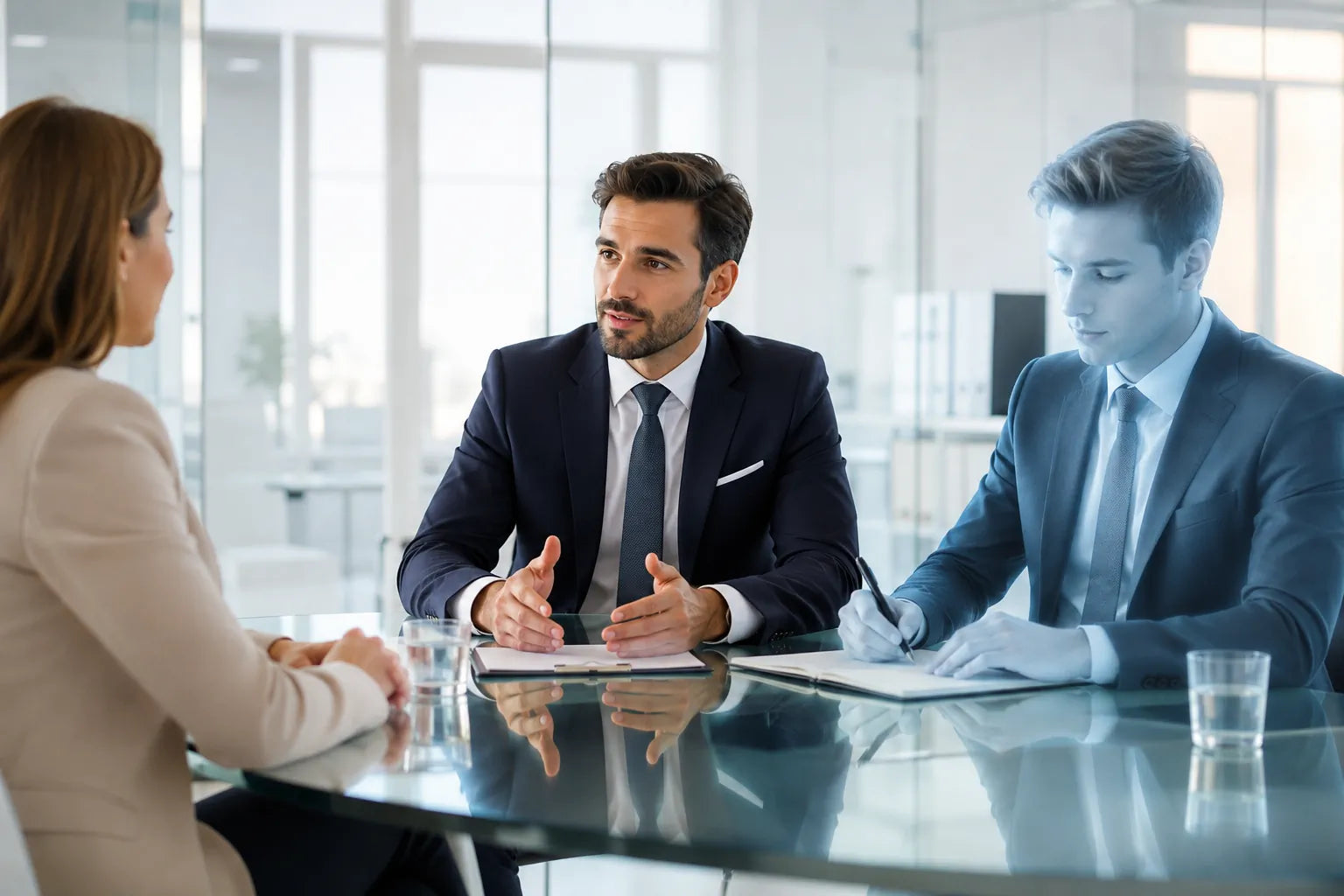 Anwälte im Mandantengespräch mit Unterstützung der vOffice World KI-Assistenten